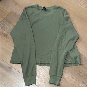 Olive Green Cropped Waffle Sweater